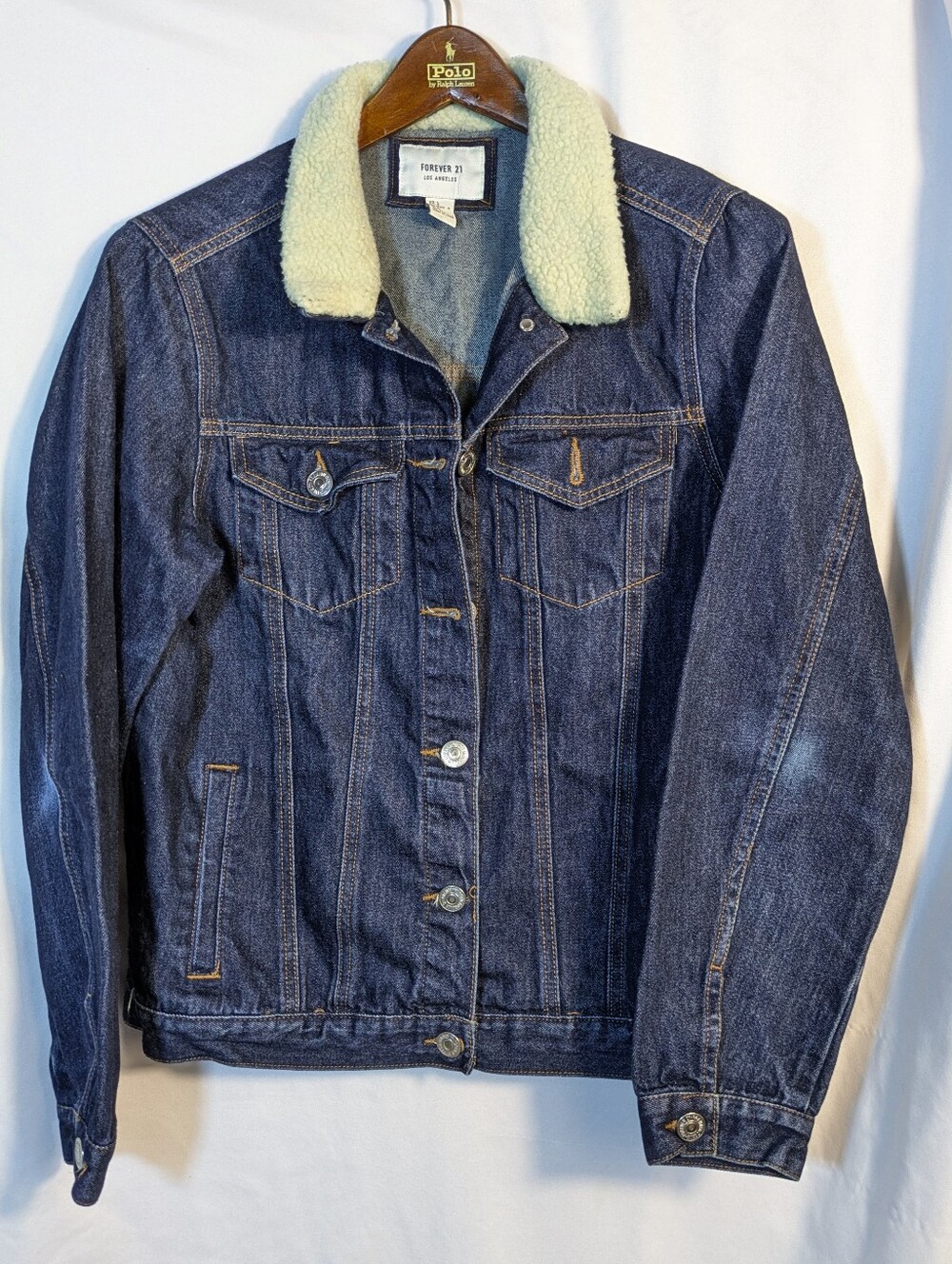 Forever 21 Jean Jacket Dark Wash Denim Faux Collar Casual Cotton Closet Staple L
